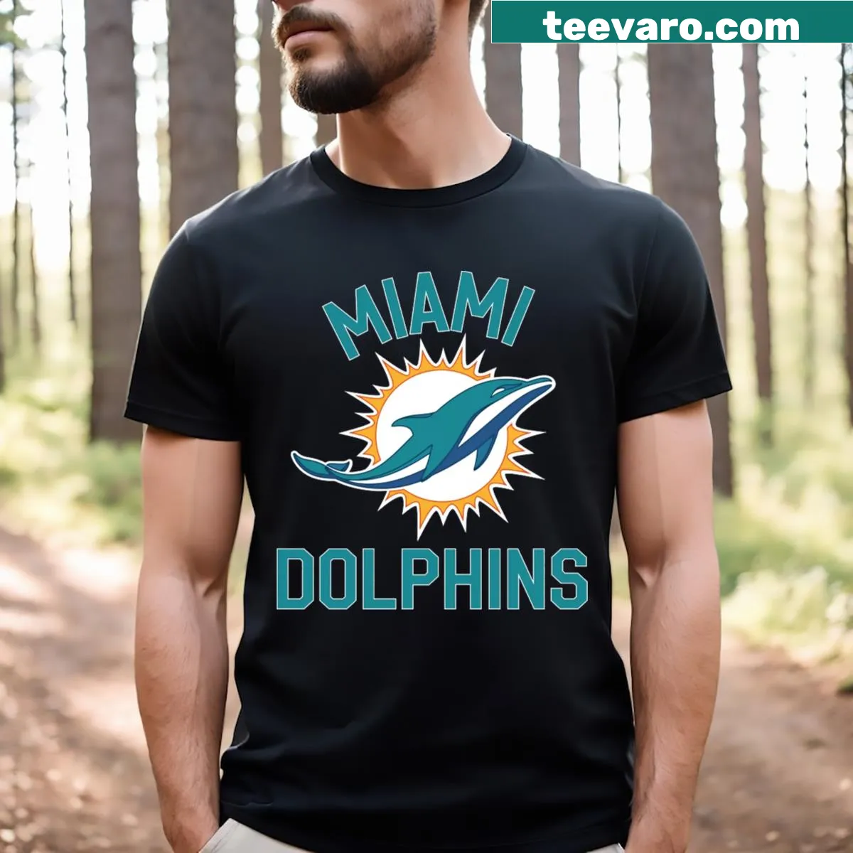 Miami Dolphins graphic t-shirt featuring team logo and bold lettering — on a men's t-shirt