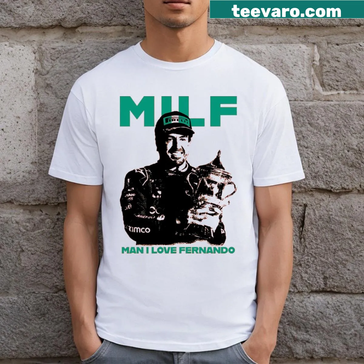 Humorous t-shirt with 'Milf Man I Love Fernando' text — on a men's t-shirt