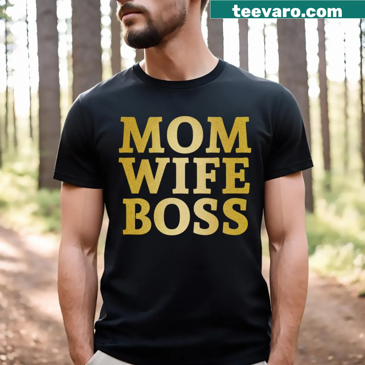 Funny T-shirt with graphic 'Mom Wife Boss Juggling Life's Roles' — on a men's t-shirt