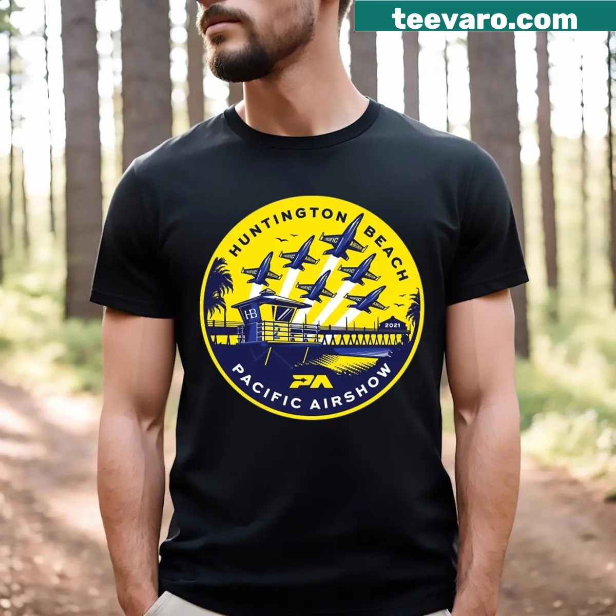 Illustrative t-shirt featuring aircraft from the Pacific Airshow — on a men's t-shirt