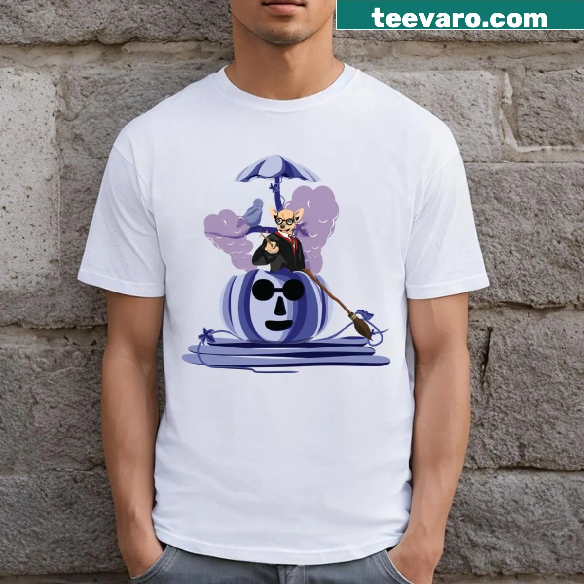 Whimsical wizard with pumpkins graphic on a T-shirt — on a men's t-shirt