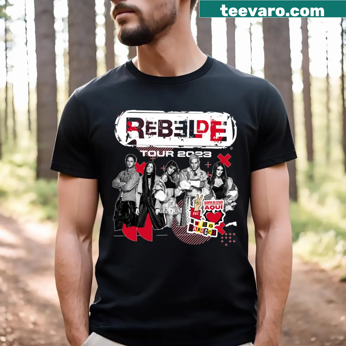 Vintage-style concert t-shirt featuring Rbd Rebelde Tour 2023 design — on a men's t-shirt