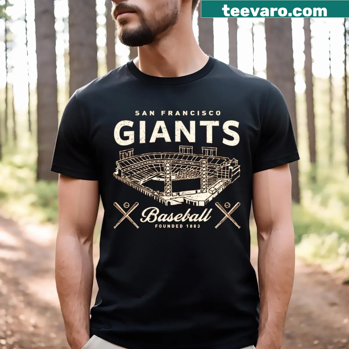 Charming T-shirt featuring San Francisco Giants stadium and logo — on a men's t-shirt