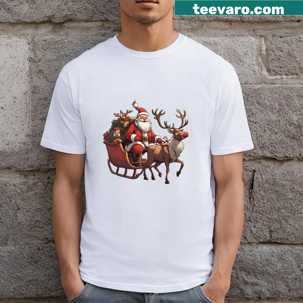 T-shirt featuring Santa with reindeer graphic — on a men's t-shirt