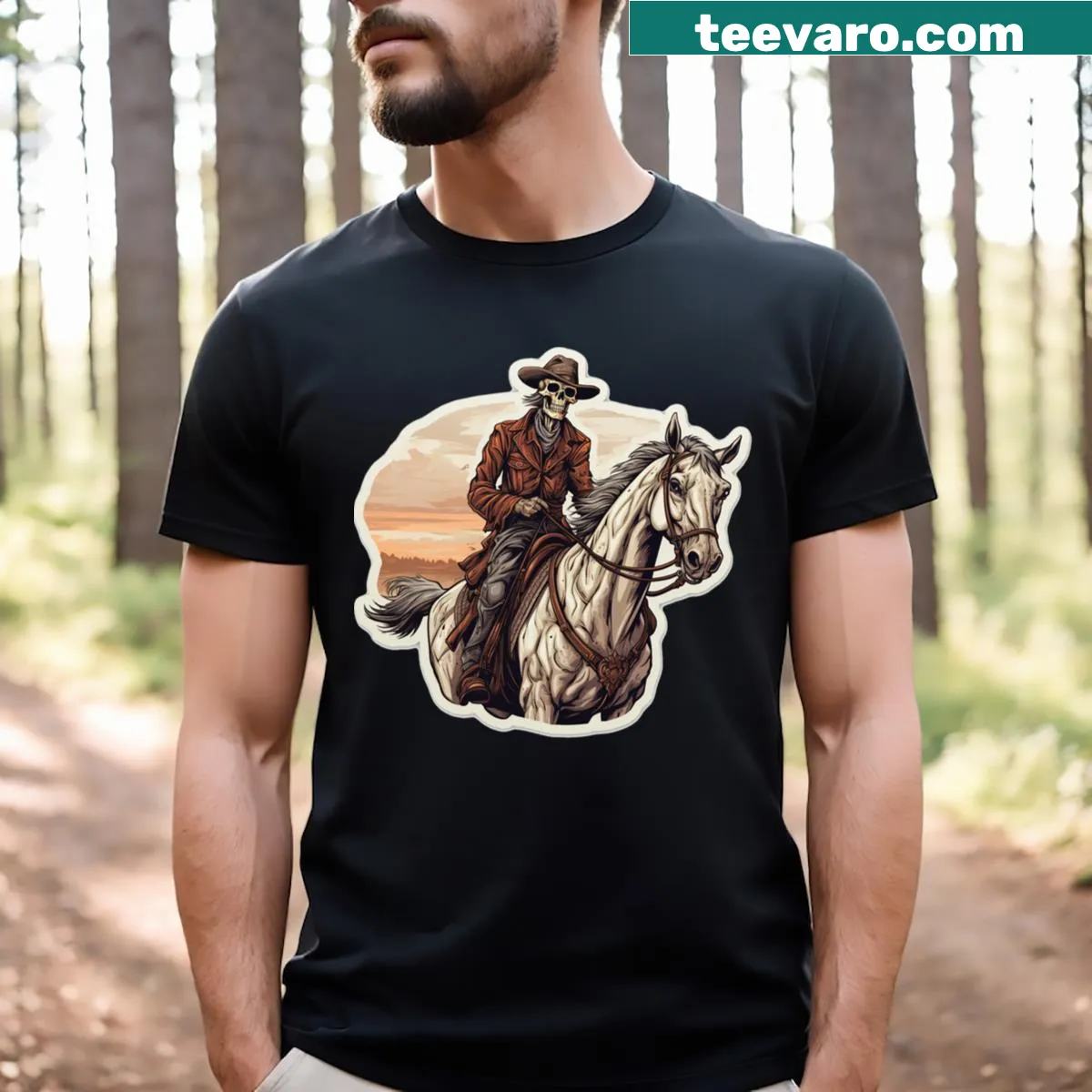 Skeleton cowboy riding a horse illustrated t-shirt — on a men's t-shirt
