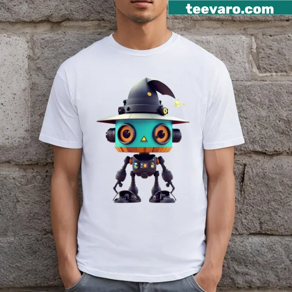 Cute toddler witch robot cartoon graphic on a T-shirt