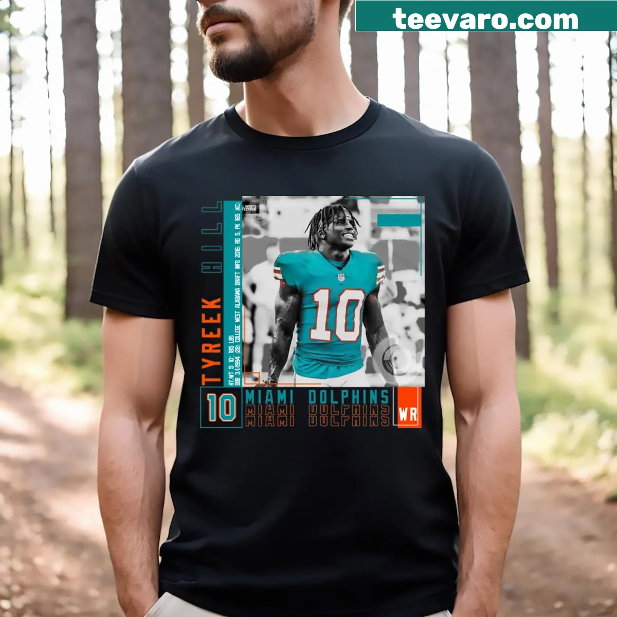 Illustrated T-shirt of Tyreek Hill in action for the Miami Dolphins — on a men's t-shirt