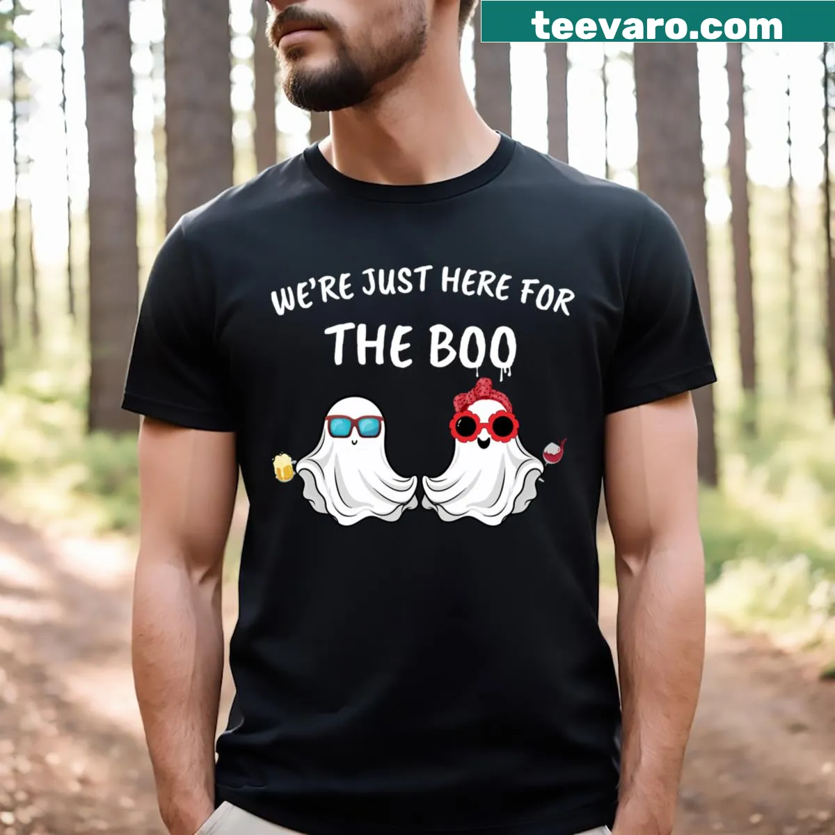 Funny Halloween family matching T-shirt with We’re Just Here For The Boo — on a men's t-shirt