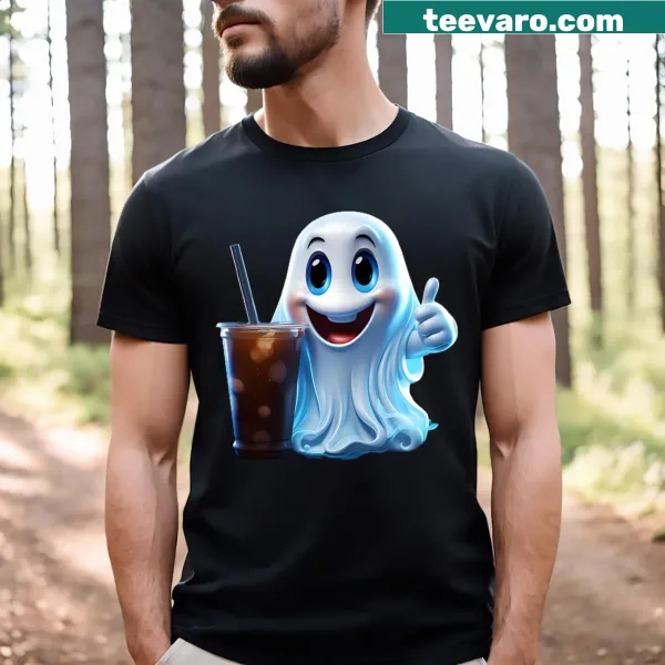 T-shirt with an illustration of a ghost holding a coffee cup