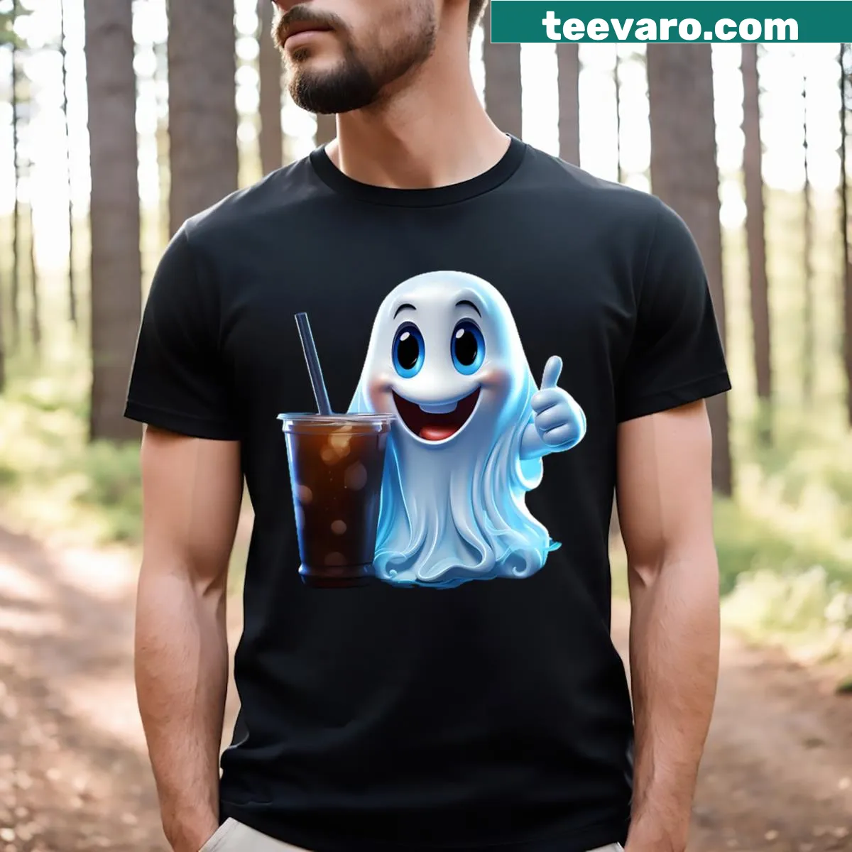 T-shirt with an illustration of a ghost holding a coffee cup — on a men's t-shirt