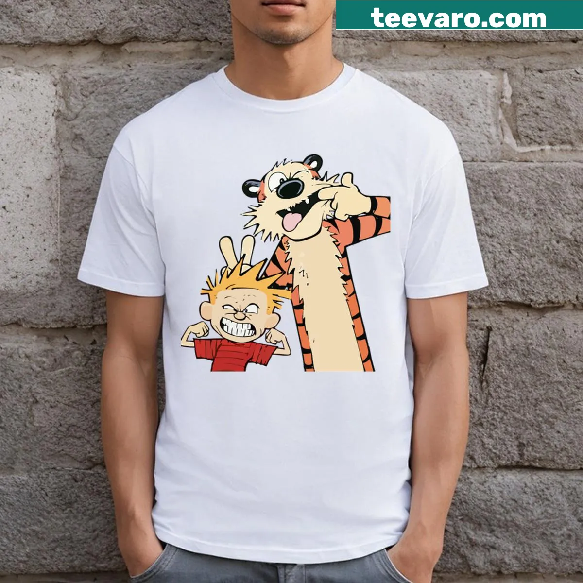 T-shirt featuring a nostalgic design of Calvin and Hobbes — on a men's t-shirt