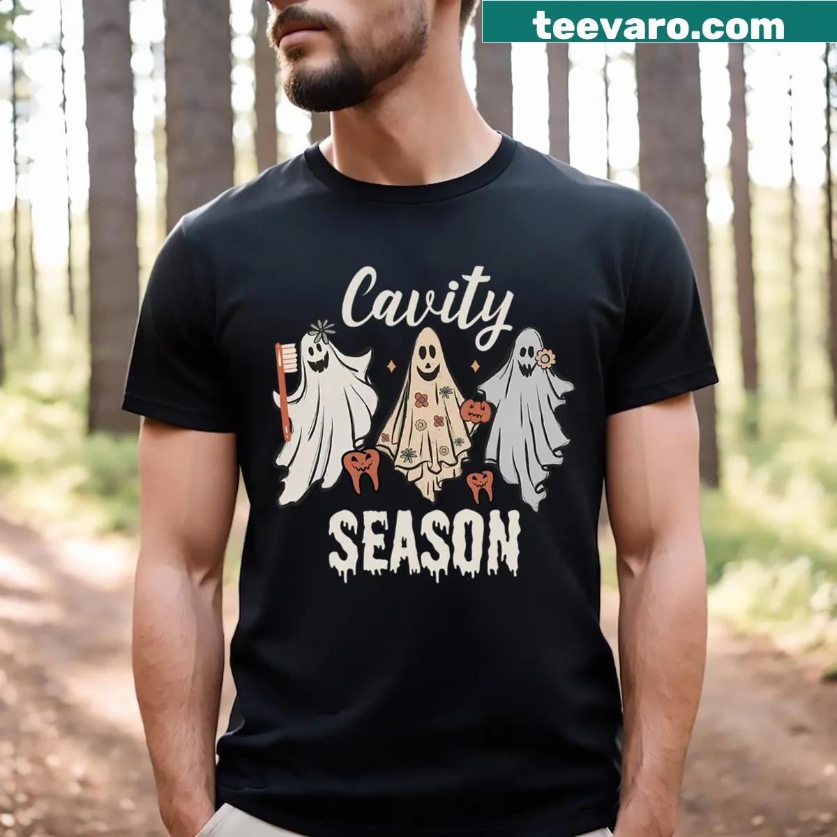 Funny Halloween T-shirt with cartoon dental ghosts and toothbrushes — on a men's t-shirt