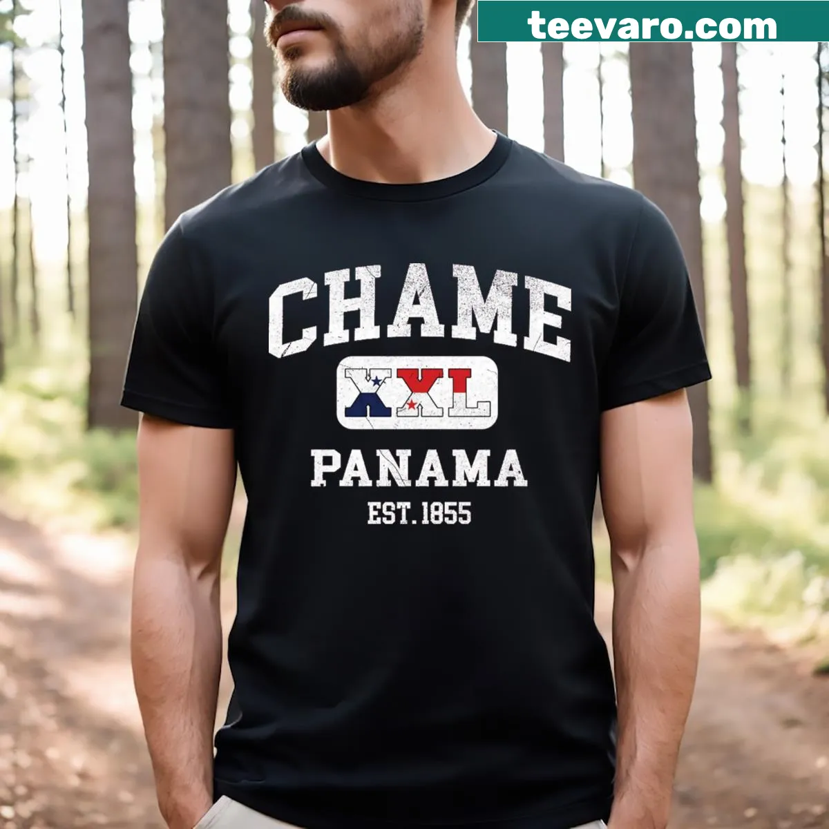 Chame Panama athletic t-shirt with minimalist typography — on a men's t-shirt