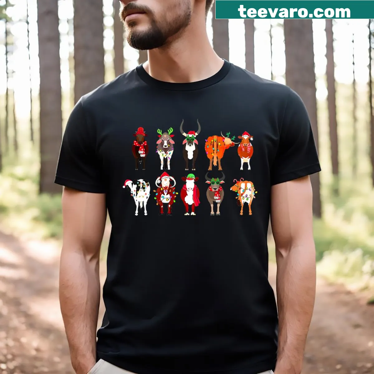 Christmas t-shirt with festive Highland cows and farm theme — on a men's t-shirt