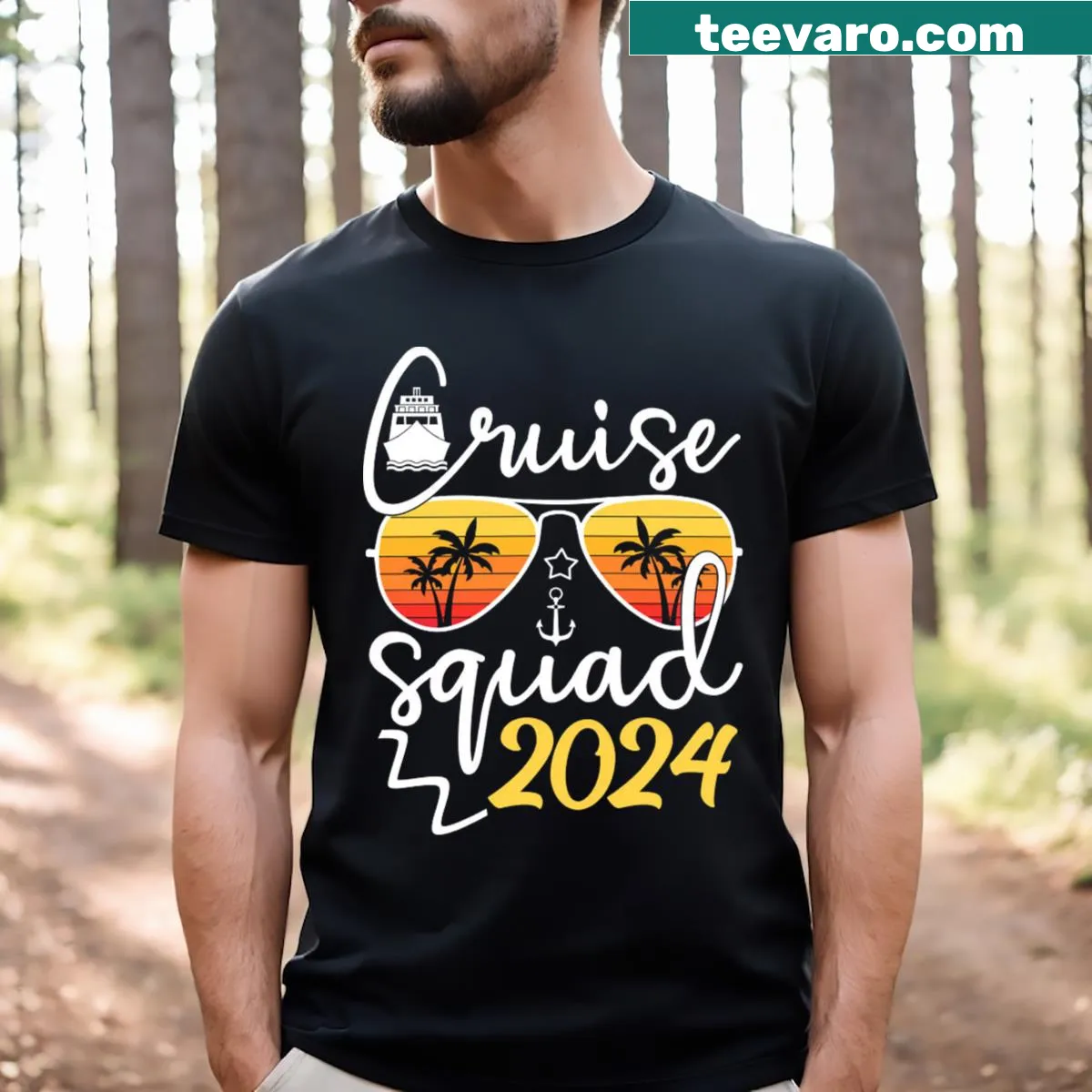 Playful T-shirt for summer beach outings featuring the phrase Cruise Squad 2024. — on a men's t-shirt