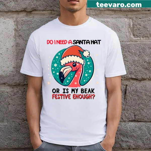 Cute t-shirt with a flamingo in a Santa hat and Christmas decorations