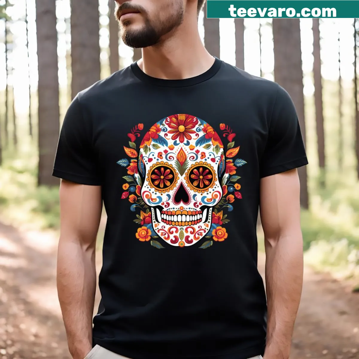 Sugar skull design for Dia De Los Muertos celebration t-shirt — on a men's t-shirt
