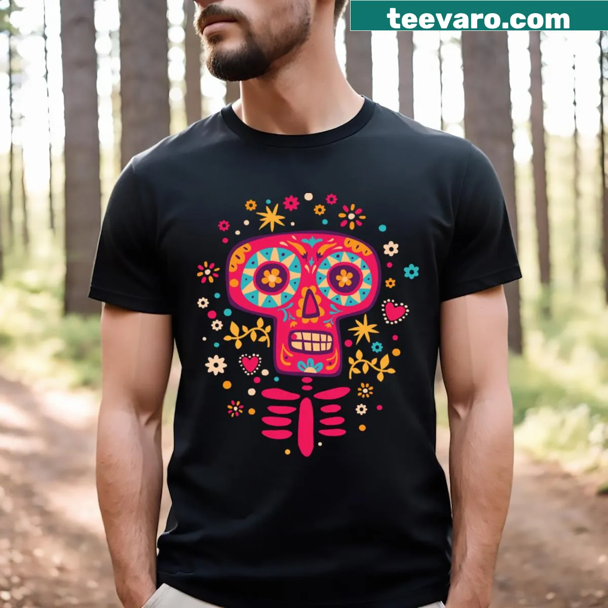 Sugar skull skeleton design for Dia De Los Muertos t-shirt — on a men's t-shirt