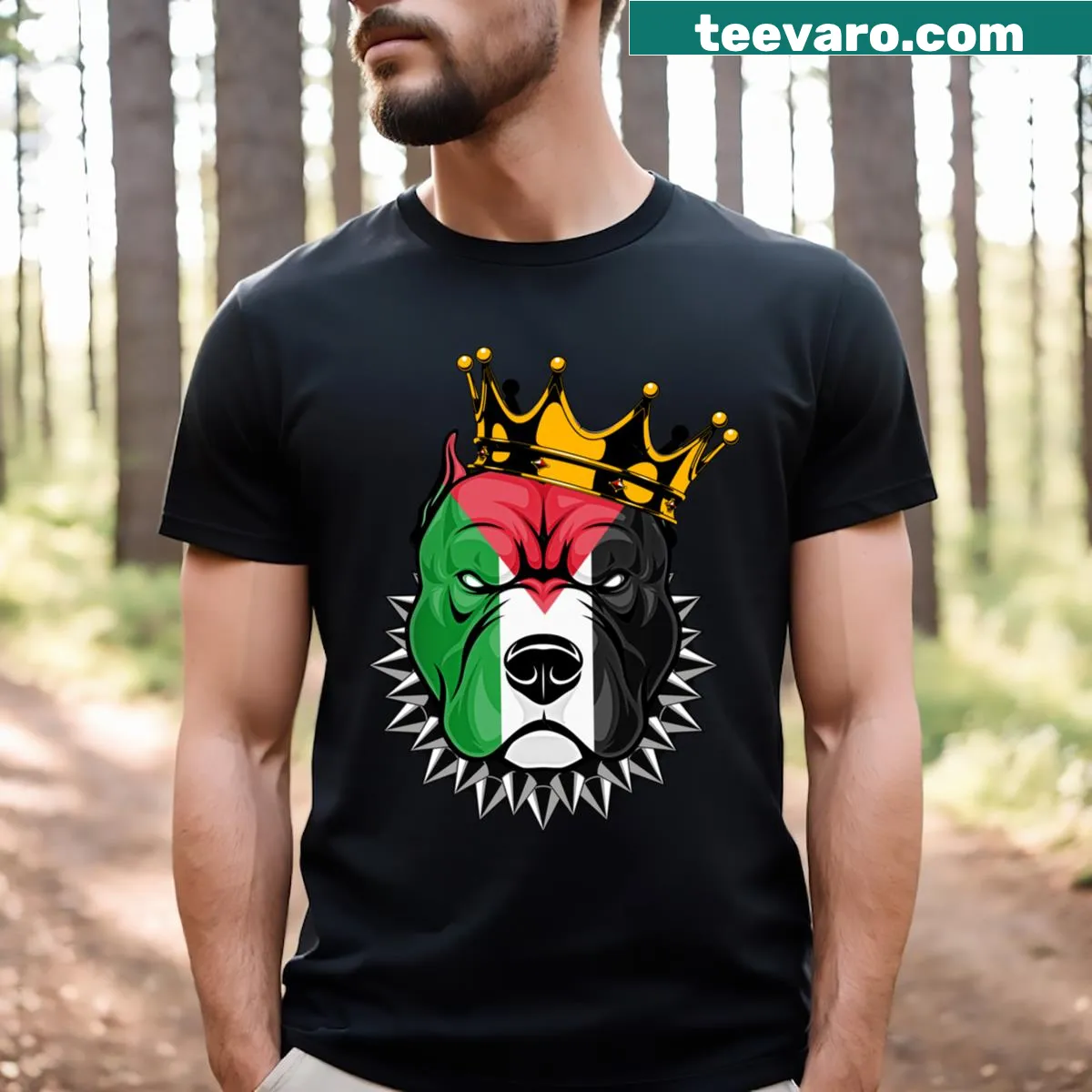 T-shirt featuring dog-themed Palestine flag design — on a men's t-shirt