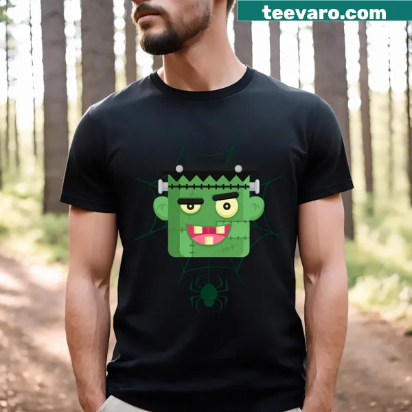 Whimsical T-shirt featuring Frankenstein, ghosts, and spiders for Halloween