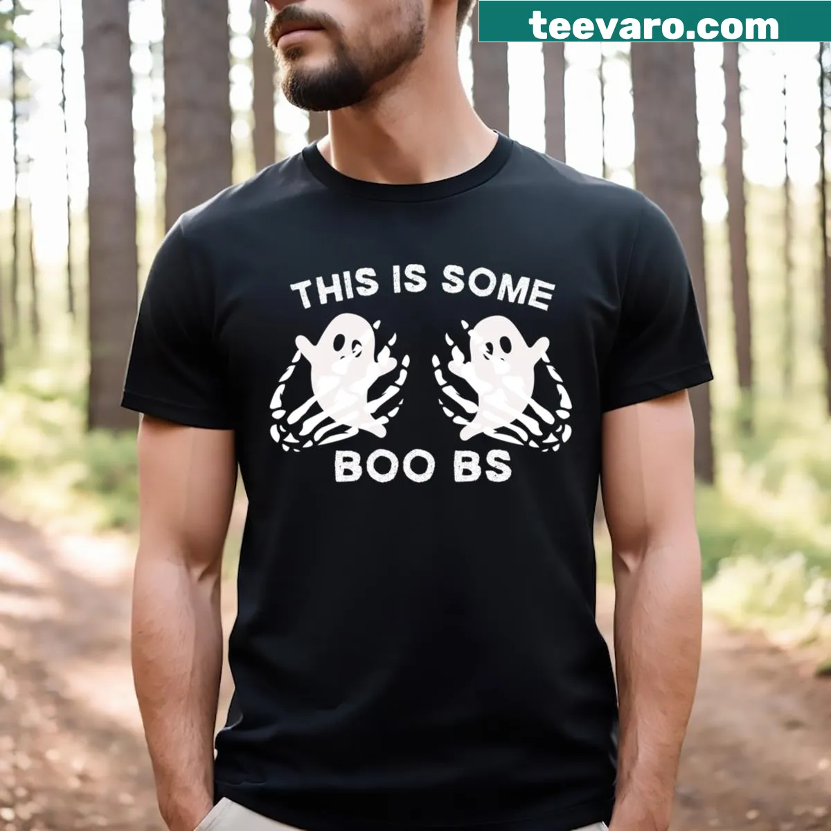 Funny Halloween t-shirt with the saying 'This is some boo bs' — on a men's t-shirt