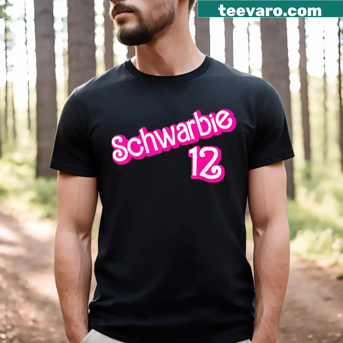 Funny Schwarbie t-shirt with a playful text design — on a men's t-shirt