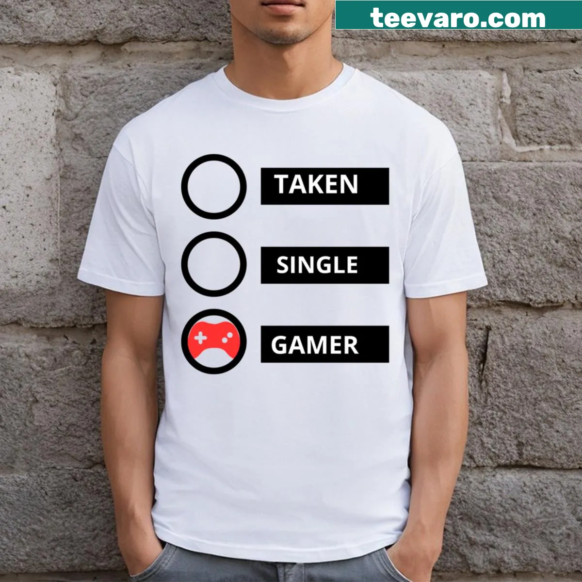 Typography design saying 'Taken' with gaming elements on a T-shirt — on a men's t-shirt