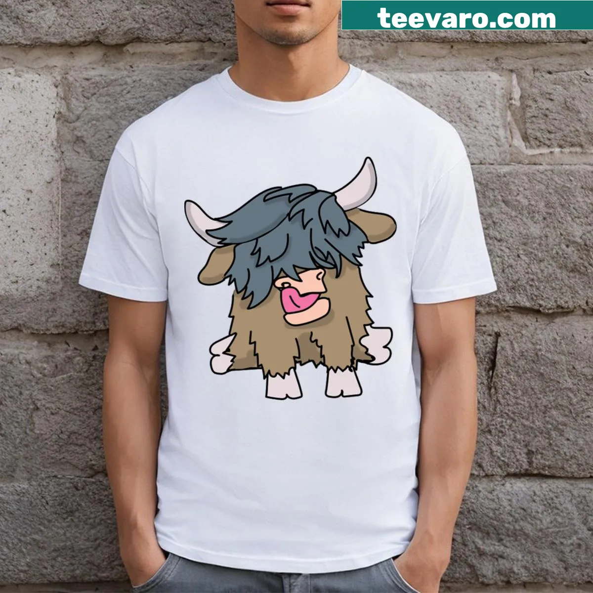 Cartoon grey Highland cow T-shirt showing a cute blep pose — on a men's t-shirt