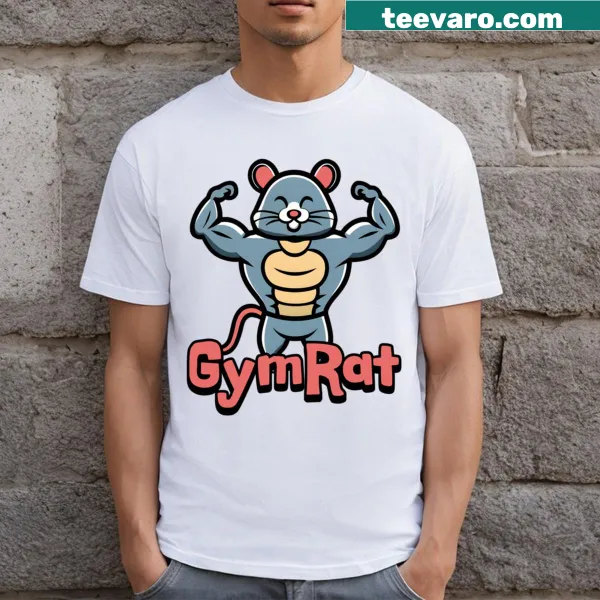 Cartoon of a muscular rat lifting weights on a kids' T-shirt