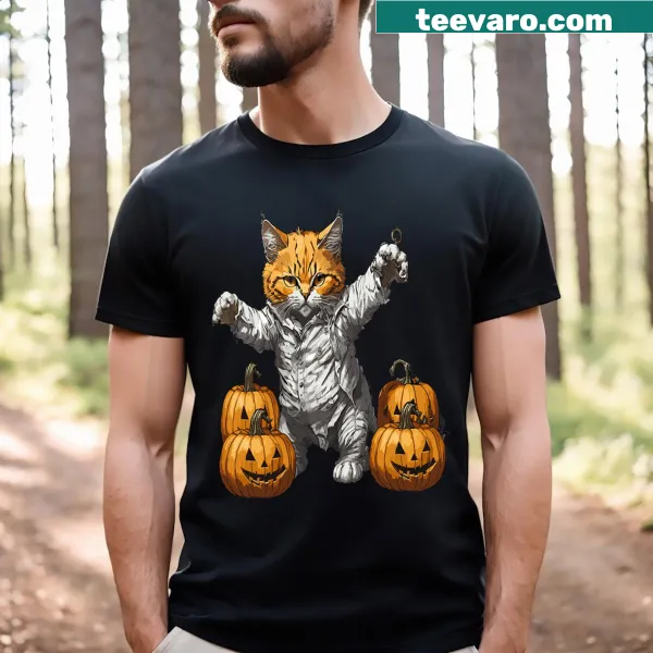 Funny Halloween T-shirt featuring cartoon cats in costumes