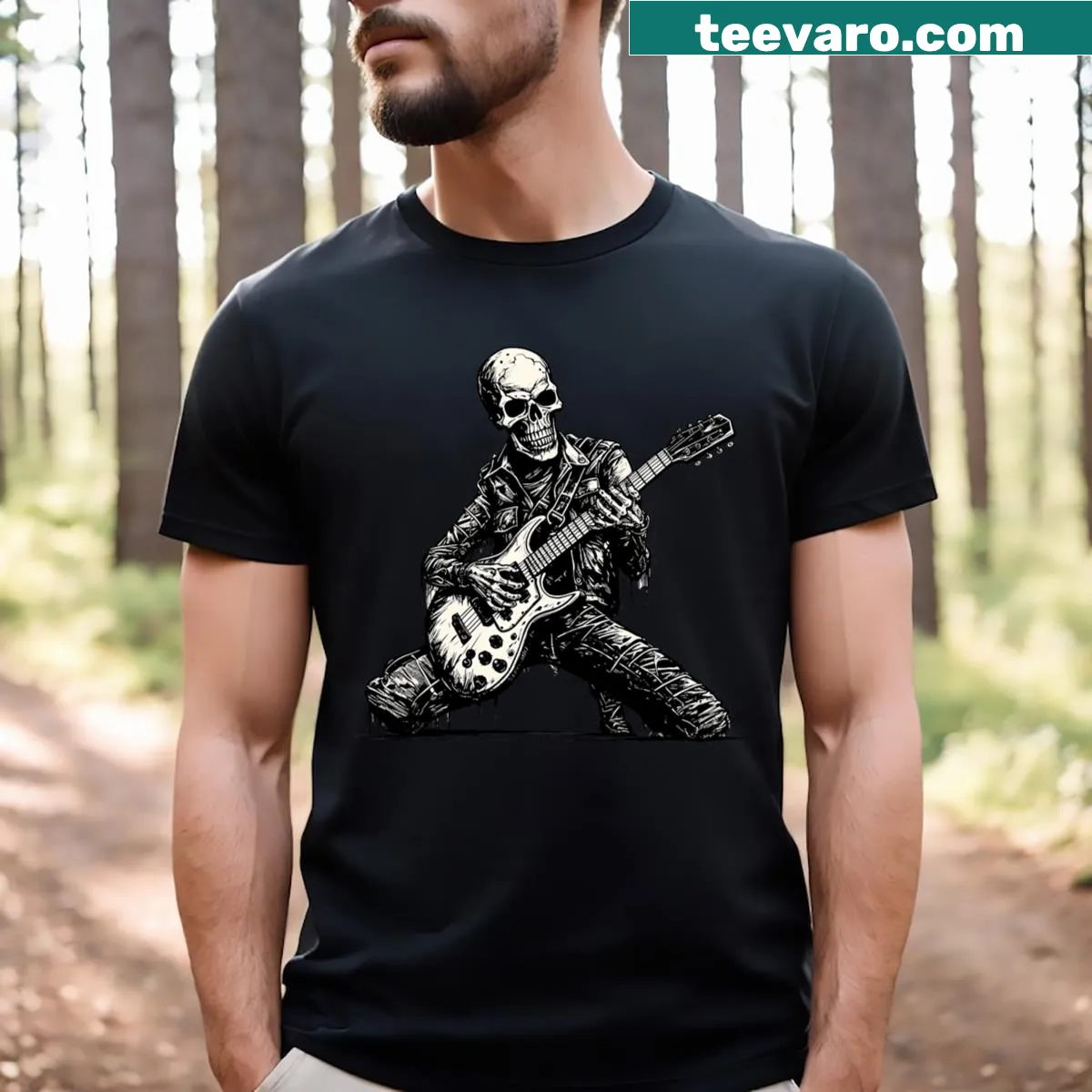 Funny T-shirt featuring a skeleton playing guitar for Halloween — on a men's t-shirt