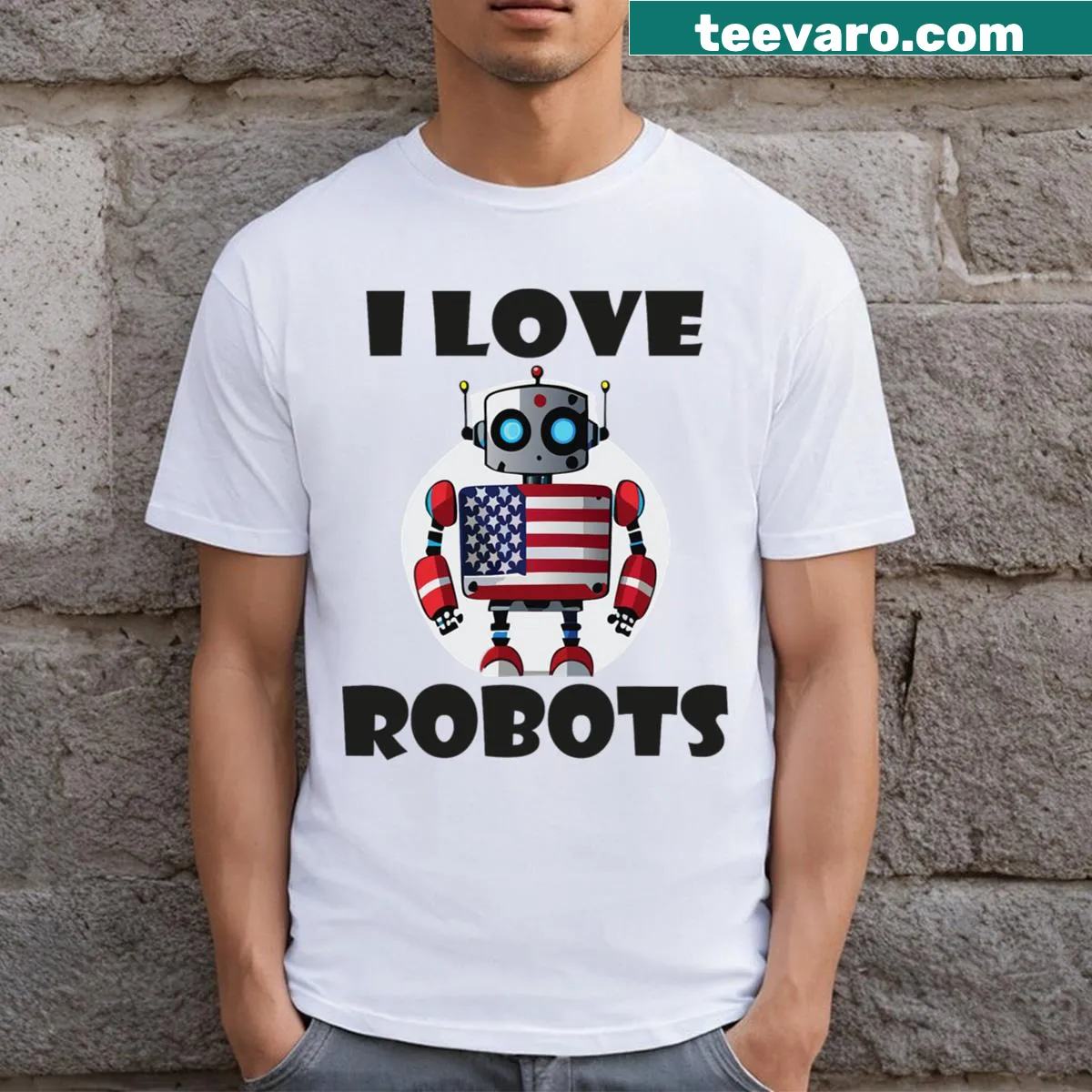 T-shirt featuring an adorable robot and 'I Love Robots' text — on a men's t-shirt