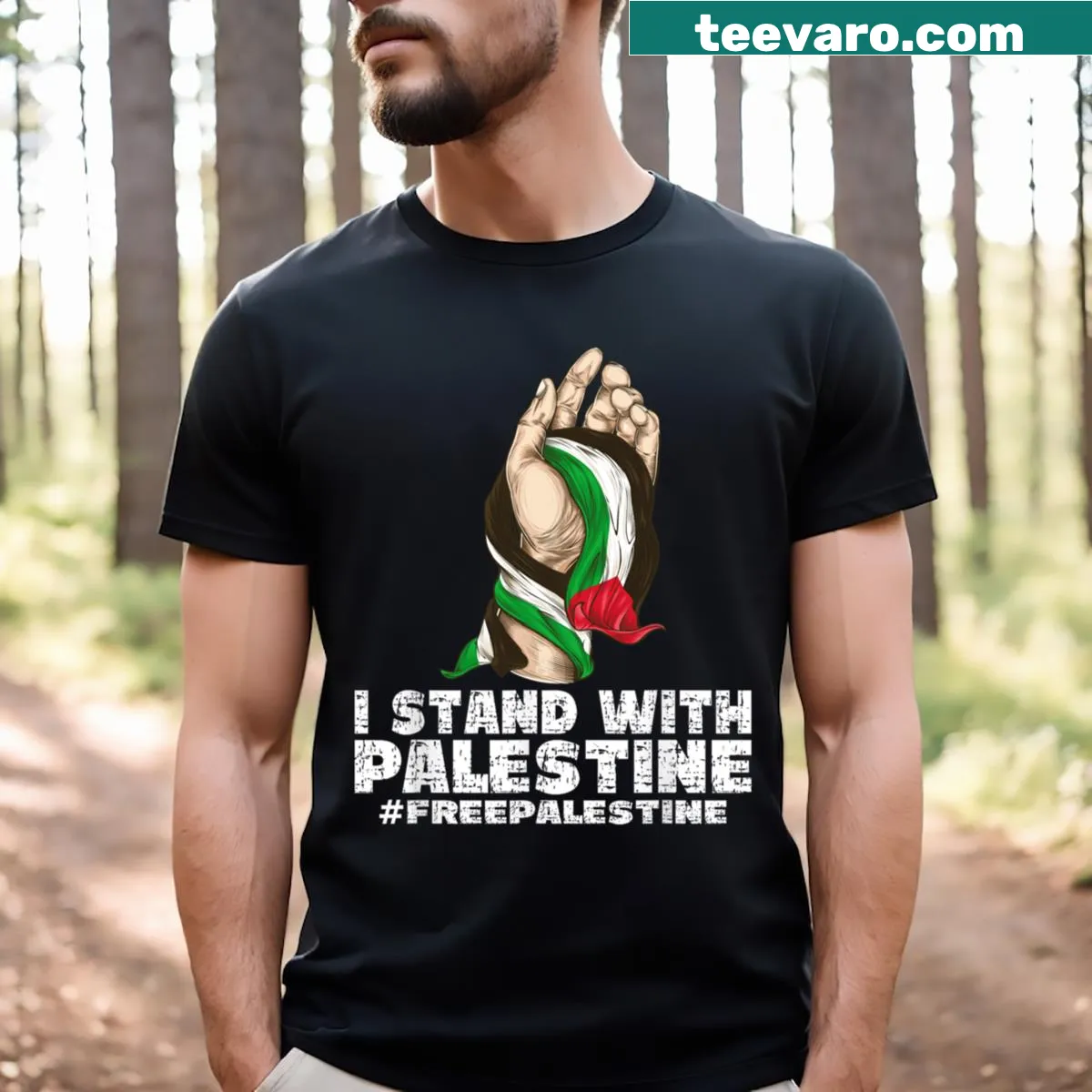 Free Palestine supportive text T-shirt — on a men's t-shirt