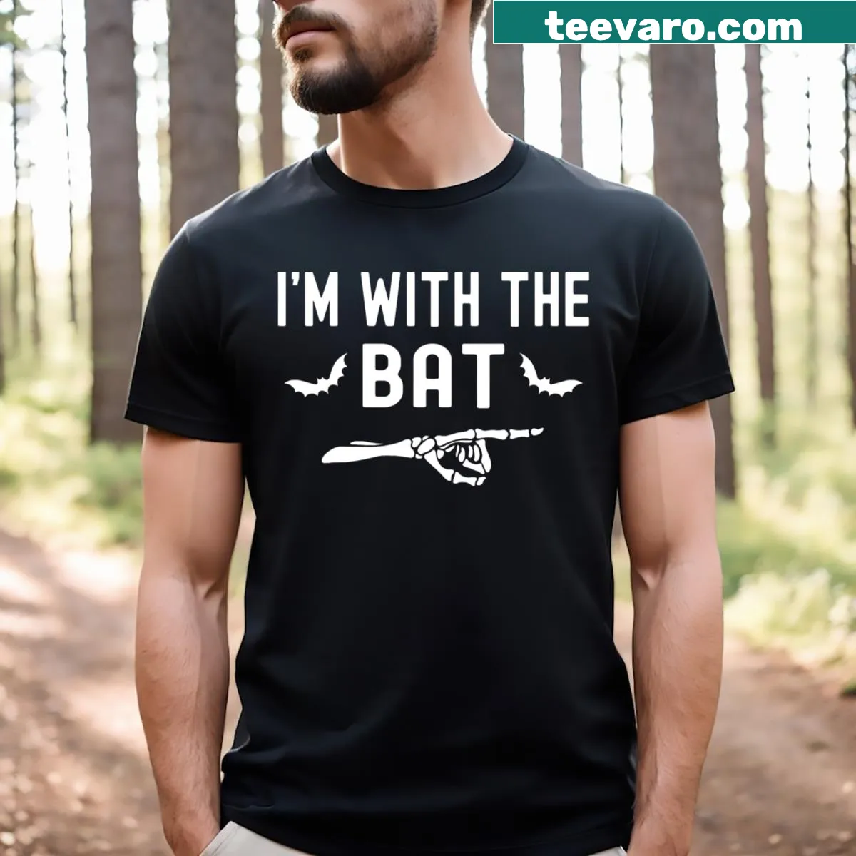 Funny skeleton and bat t-shirt for Halloween couples — on a men's t-shirt