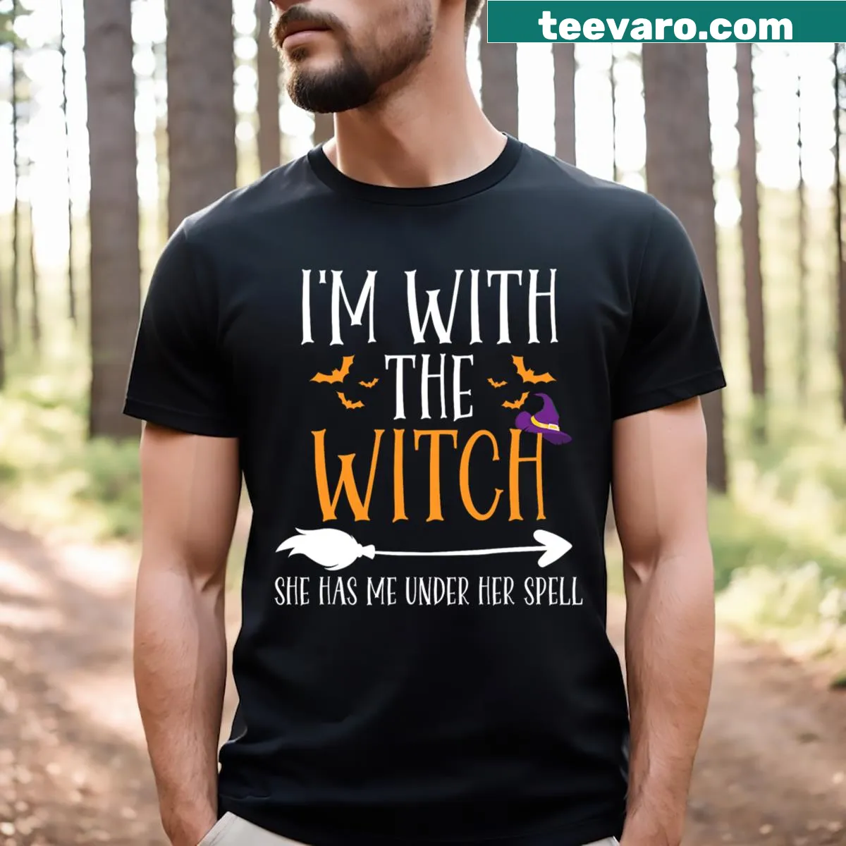 Couples Halloween costume t-shirt with witch-themed graphics — on a men's t-shirt
