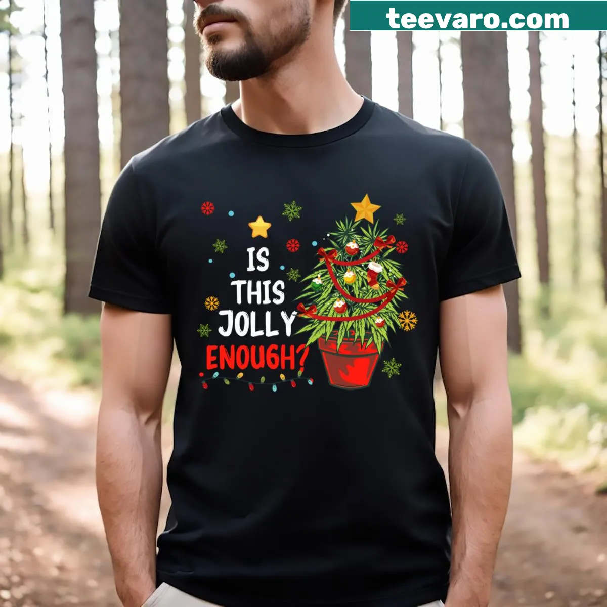 Funny Christmas t-shirt featuring a weed-themed tree and playful text — on a men's t-shirt