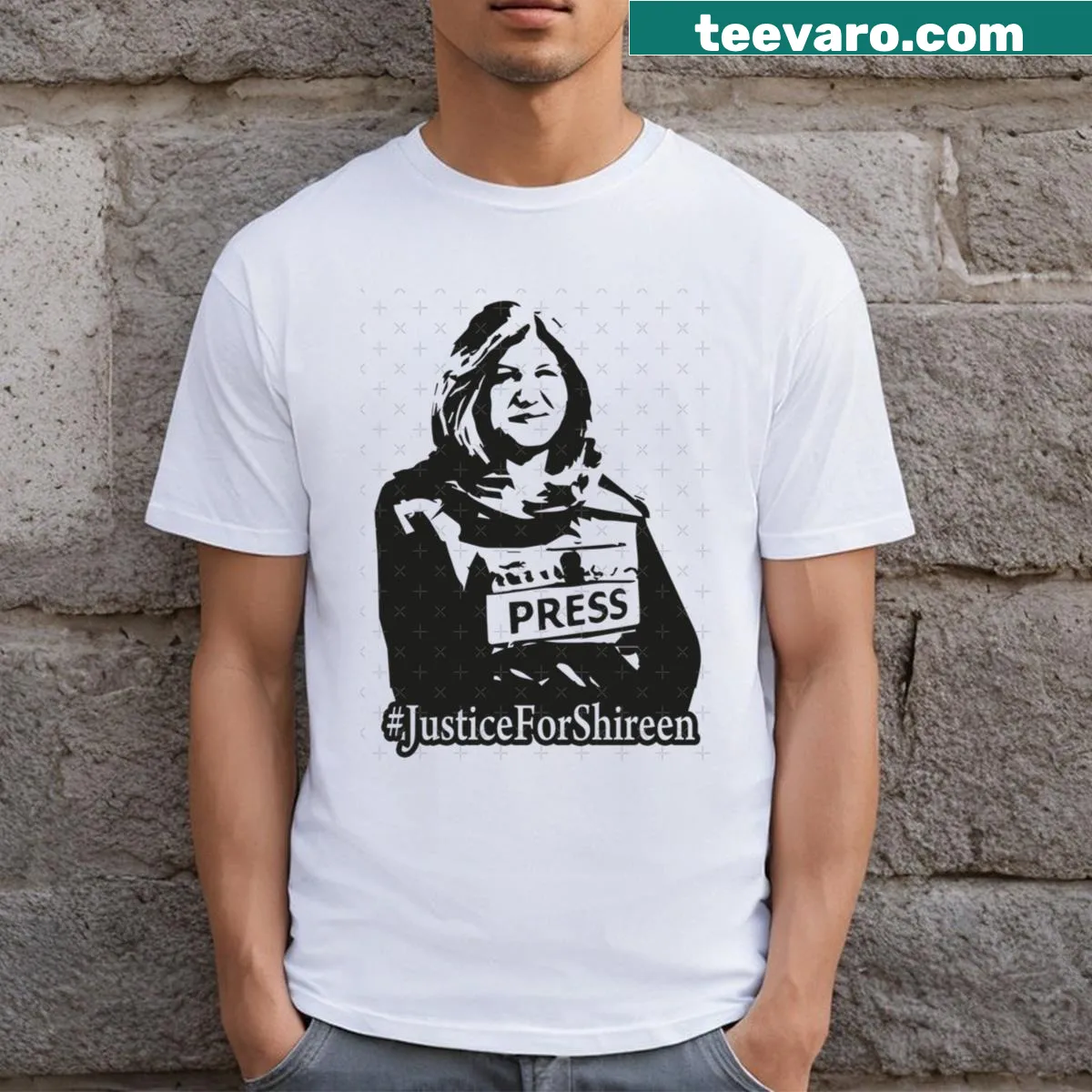 T-shirt advocating for justice for Shireen Abu Aqleh — on a men's t-shirt