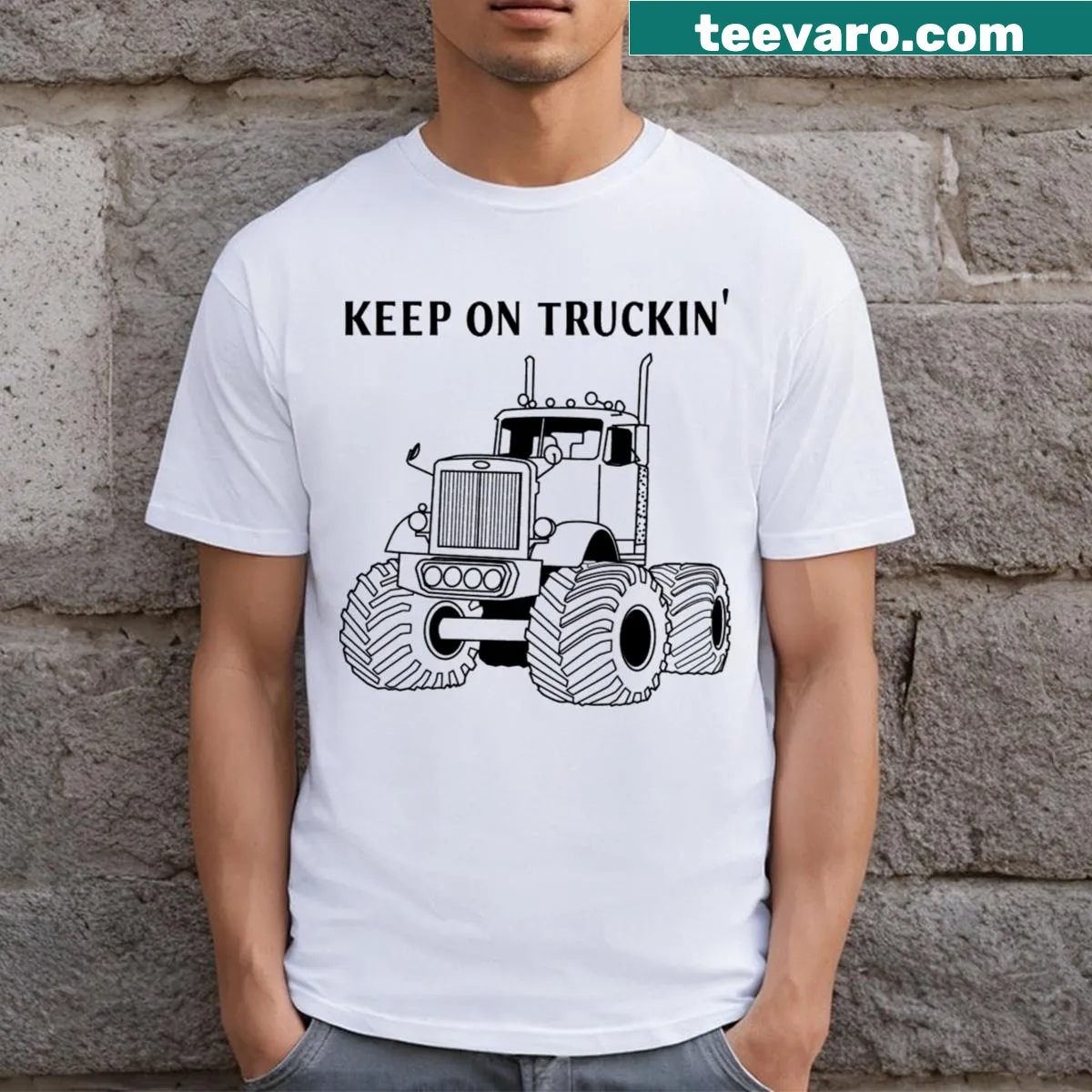 Bold t-shirt with the phrase 'Keep On Truckin'' for truckers — on a men's t-shirt