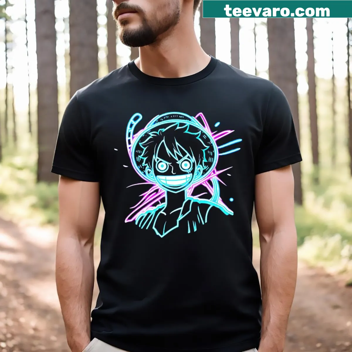 Illustration of Luffy from anime in a vibrant graphic design on a t-shirt. — on a men's t-shirt