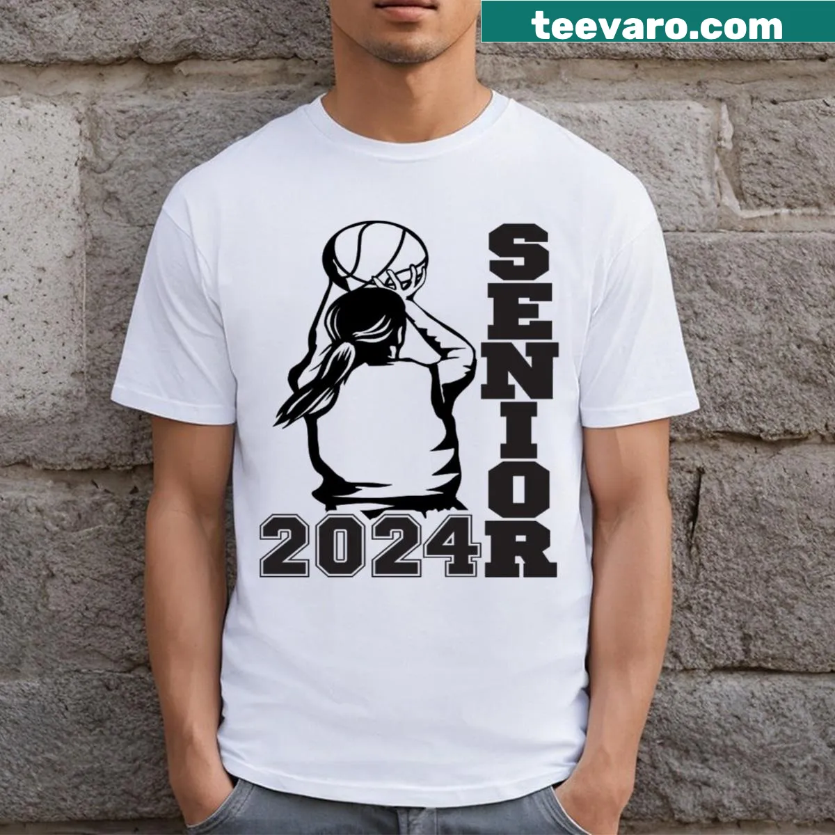 Basketball Senior 2024 T-shirt with bold lettering and sports graphics — on a men's t-shirt