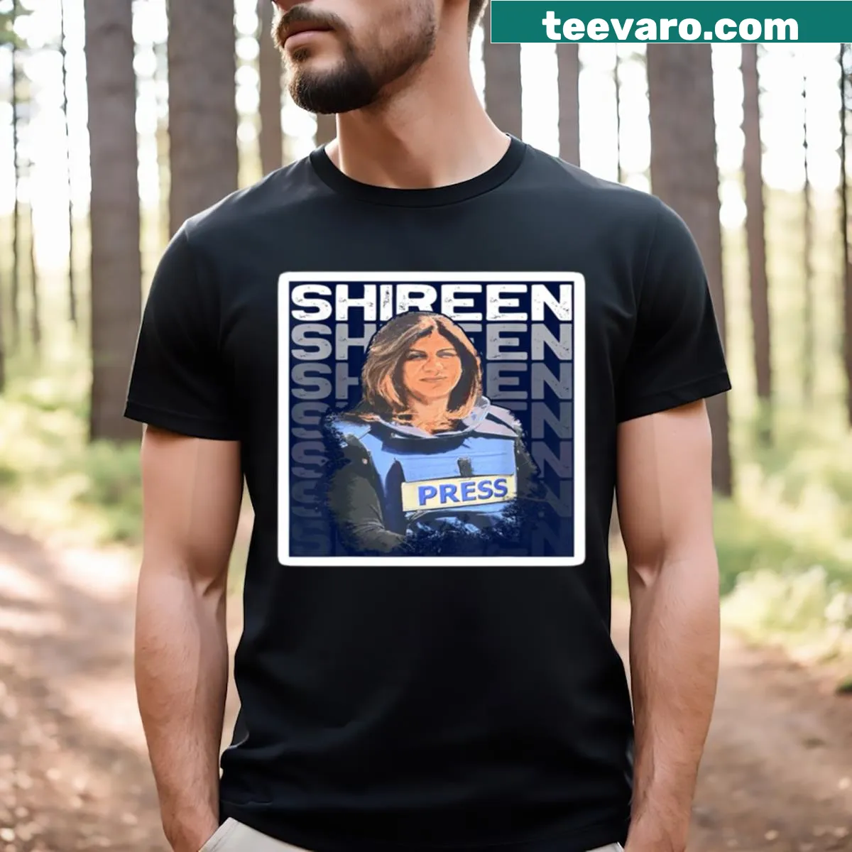 T-shirt honoring Shireen Abu Aklah with symbolic journalistic graphics — on a men's t-shirt