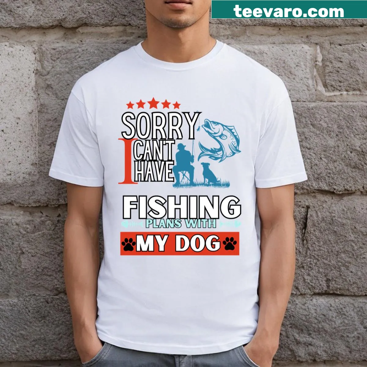Funny fishing t-shirt featuring a dog and humorous text — on a men's t-shirt