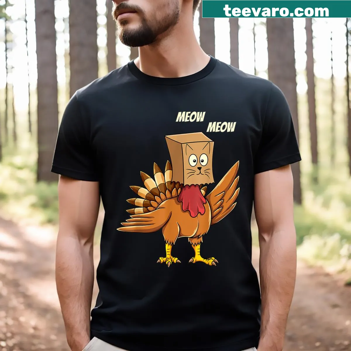 Funny Thanksgiving T-shirt with a turkey and cat illustration — on a men's t-shirt