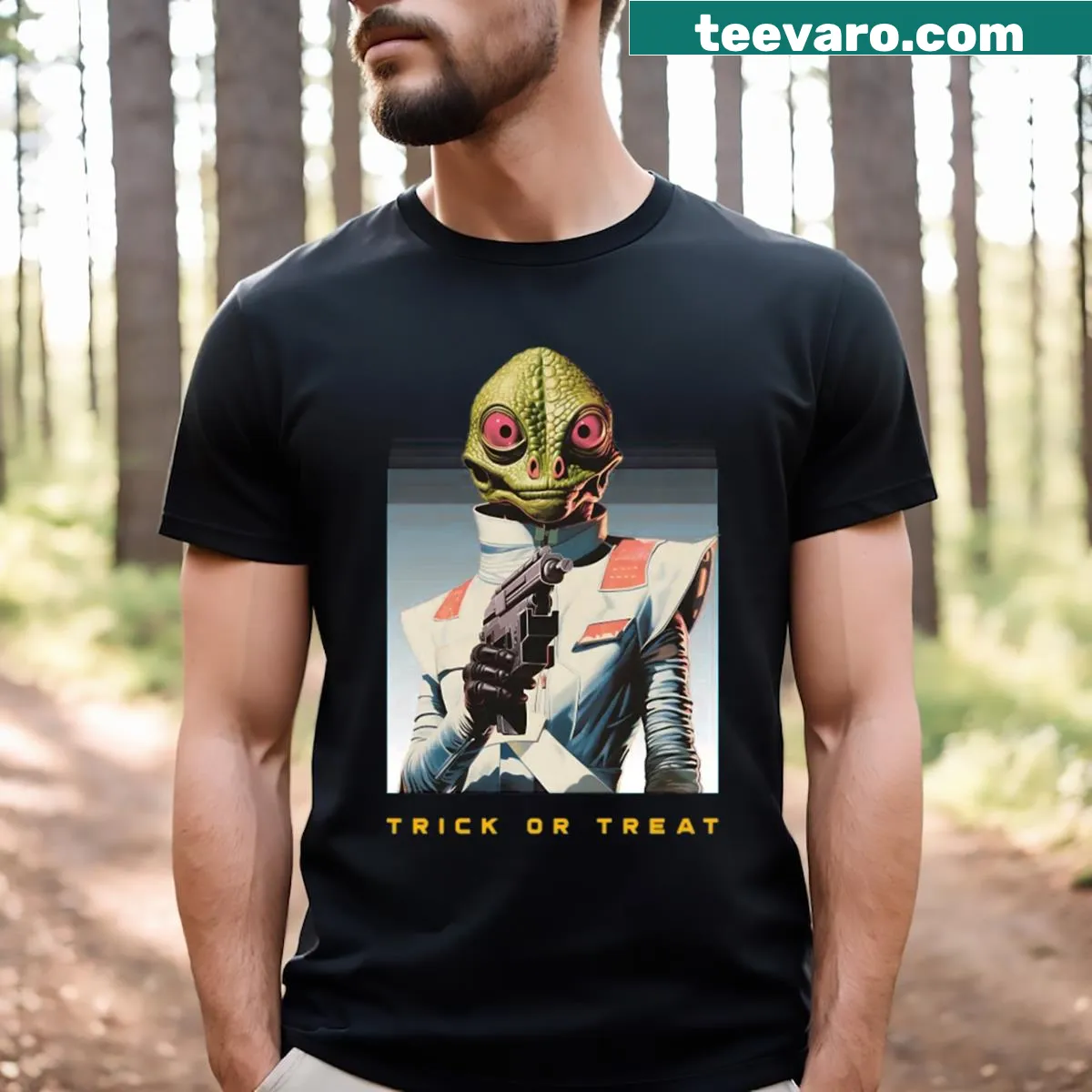 Playful alien lizard Halloween graphic T-shirt — on a men's t-shirt