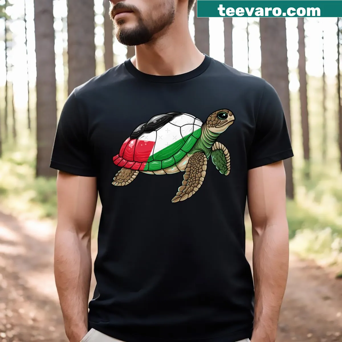 T-shirt with an illustration of a turtle featuring the Palestine flag. — on a men's t-shirt