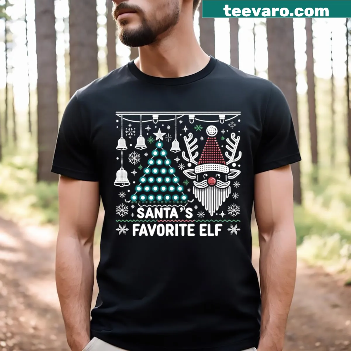 Funny Santa and elf cartoon graphic T-shirt — on a men's t-shirt