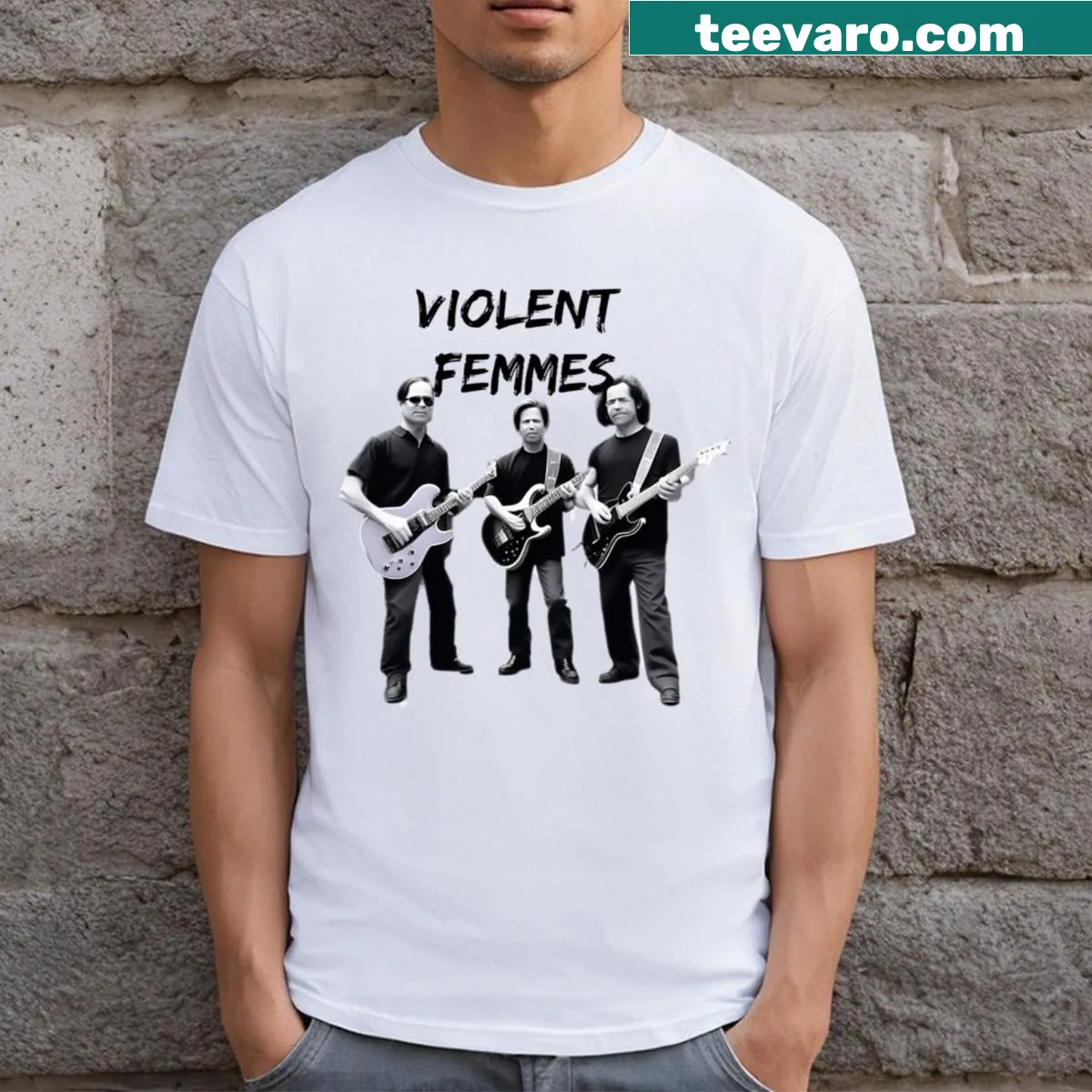 Violent Femmes t-shirt with bold band logo design — on a men's t-shirt