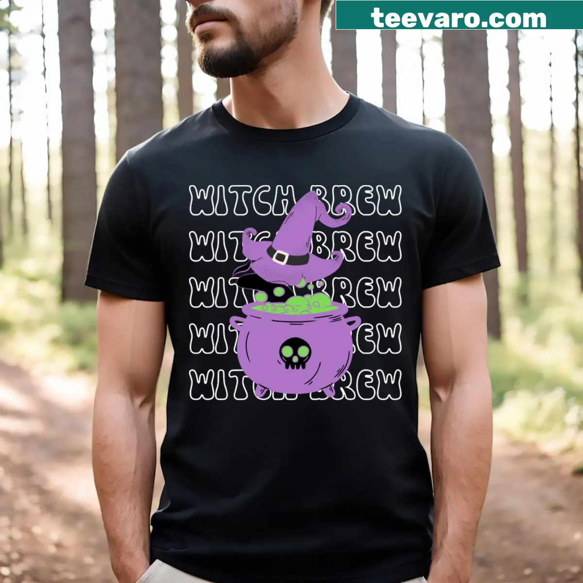 Whimsical Halloween design featuring a witch brewing potions under the moonlight. — on a men's t-shirt