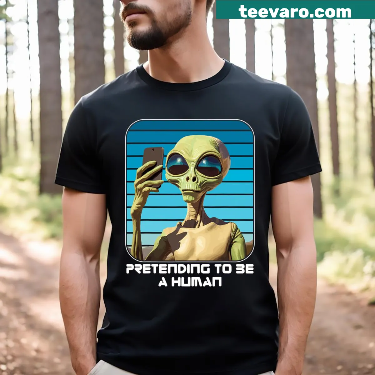 Cartoon alien disguised as a human, perfect for Halloween fun. — on a men's t-shirt