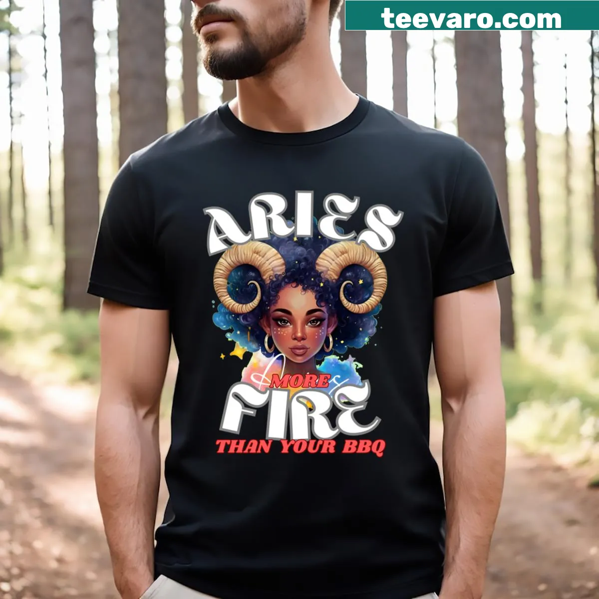 T-shirt with the phrase 'More fire than your BBQ' in an illustrative style — on a men's t-shirt